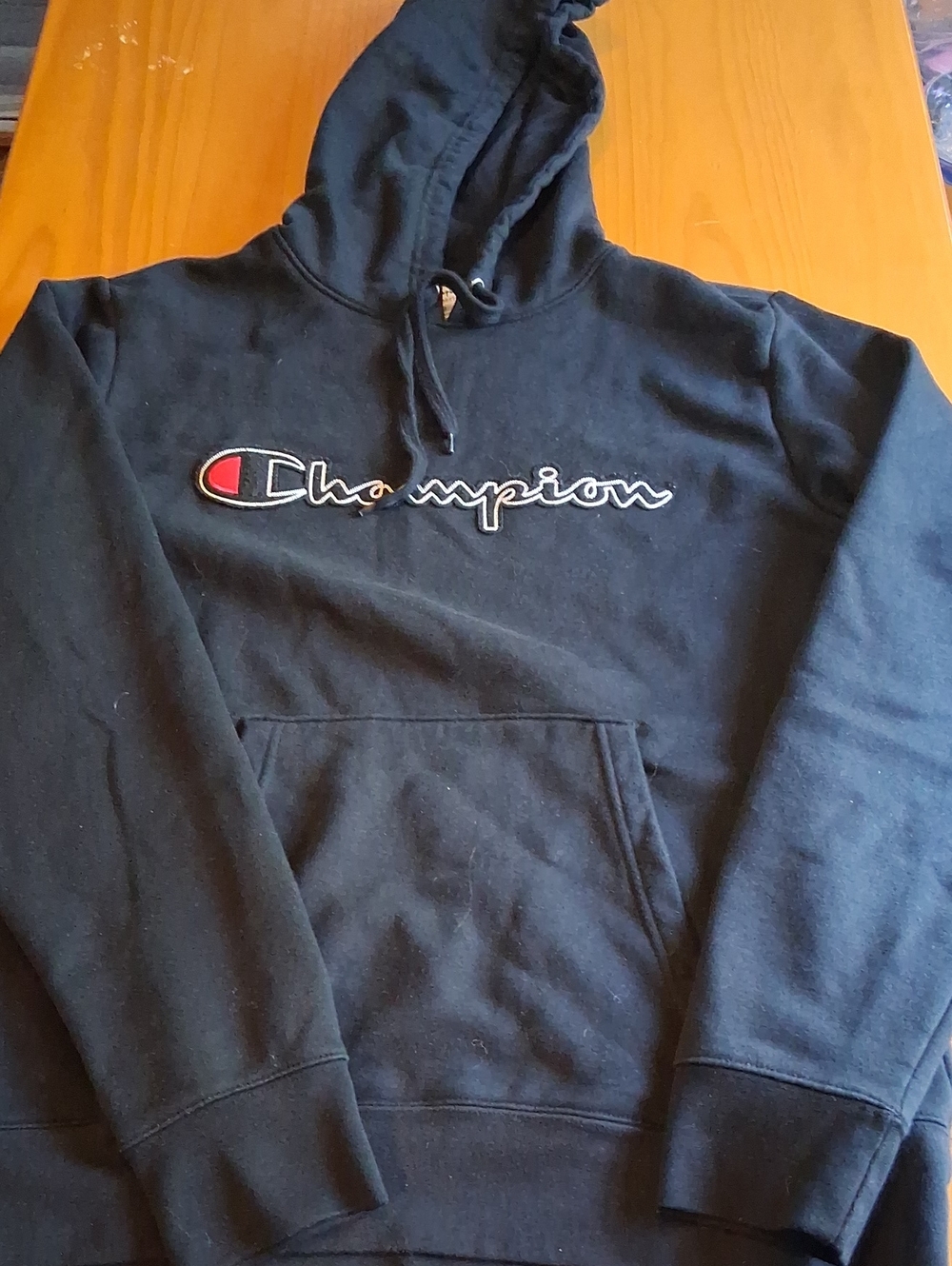 Champion Black Crewneck Pullover Hoodie with Red Logo Accent